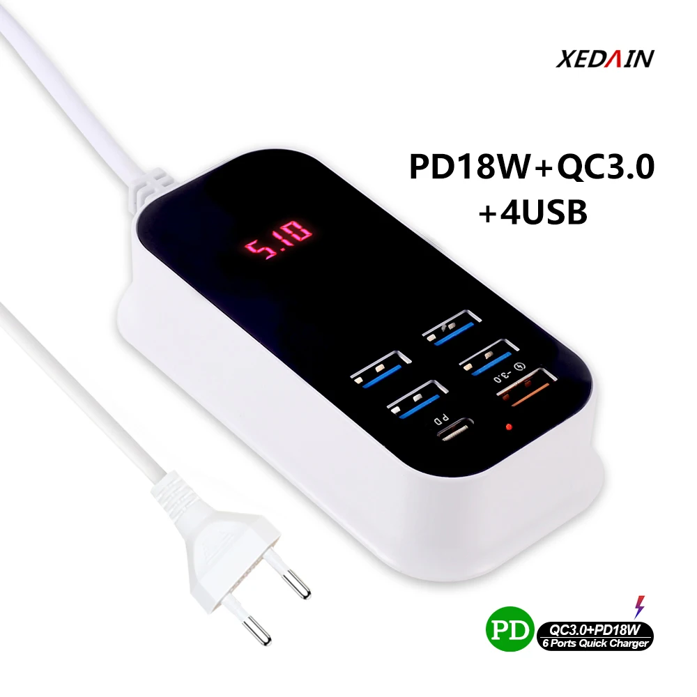 Быстрое зарядное устройство с 6 портами PD18W QC3.0 USB C для Samsung iPhone iPad Xiaomi быстрая