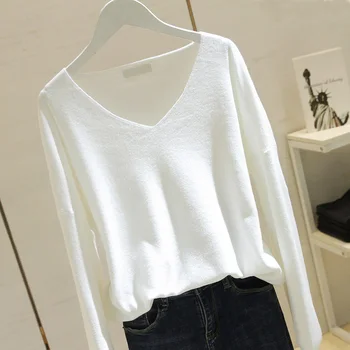 

thin knitted women sweaters and pullovers v-neck solid loose slim office lady elegant pulls outwear coat tops