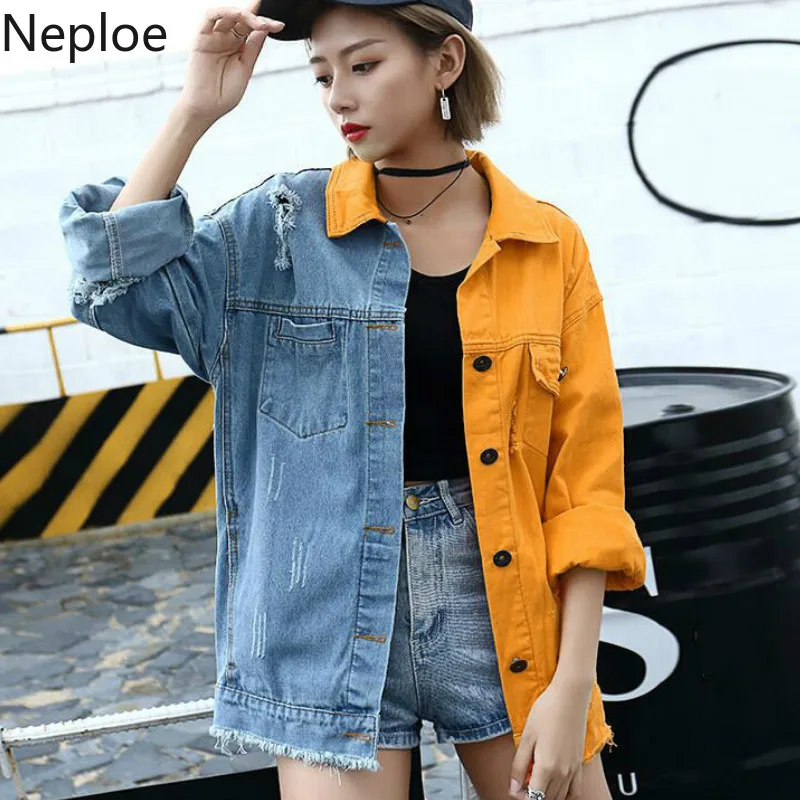 

Neploe 2019 New Color Patchwork Denim Jacket Women Autumn Winter Korean Loose Bf Hole Chaqueta Mujer Long Sleeve Coat 46731