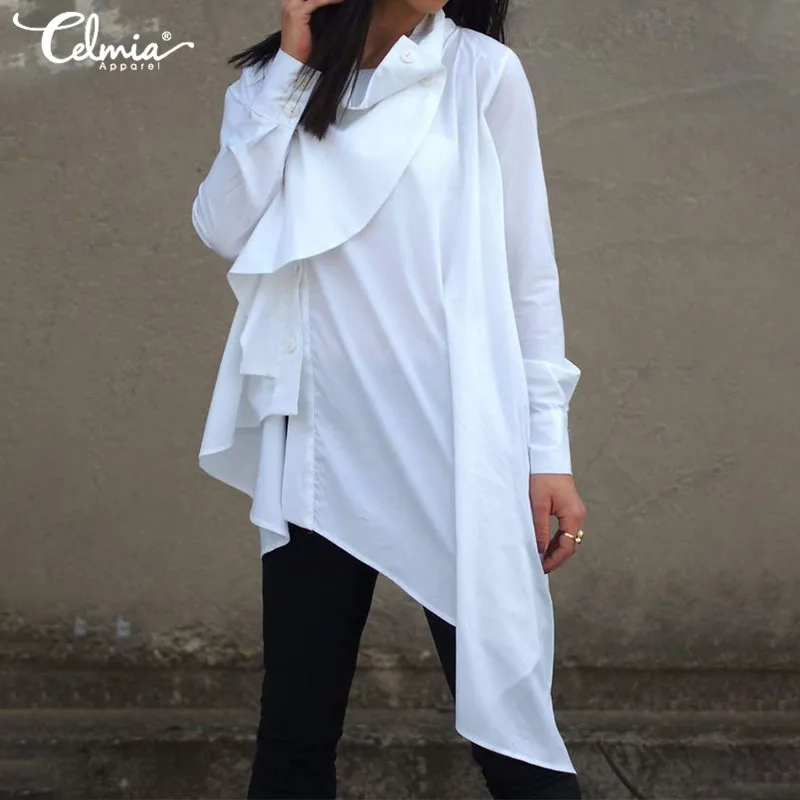  2019 Celmia Autumn Women Fashion Asymmetrical Shirt Casual Buttons Ruffles Blouse Long Sleeve Loose