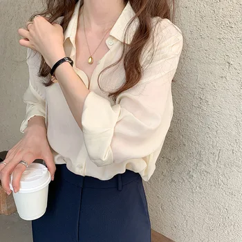 

Loose Shirt Female 2020 Autumn Clothing New Style Long Sleeve Fold-down Collar Cardigan Top