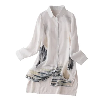 

Women's Extended Shirt Women Linen Patchwork Organza Turn-down Collar Chinese Style Print Women Summer Shirt and Blouse