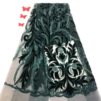 

Green Gold Latest African Velvet Lace Fabrics High Quality 2019 Nigerian Lace Fabric with Sequins Sequence Lace for Women
