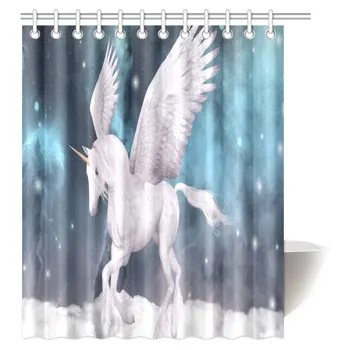 

Girls and Kids Decor Shower Curtain Set, White Unicorn Animal Horse Over The Clouds in The Sky Fabric Bathroom Shower Curtain