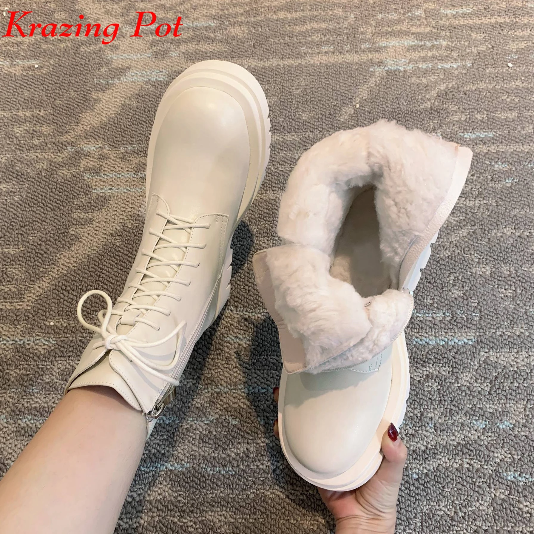 Women Snow Boots Wool Winter Keep Warm Snow Boots Full Grain Leather Round Toe High Heels Sheep Fur Lace Up Plus Size Ankle Boots