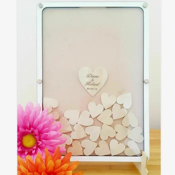 

Personalised wedding guestbook frame 3D custom baby shower wishes box Alternative bridal showe drop top box with wooden hearts