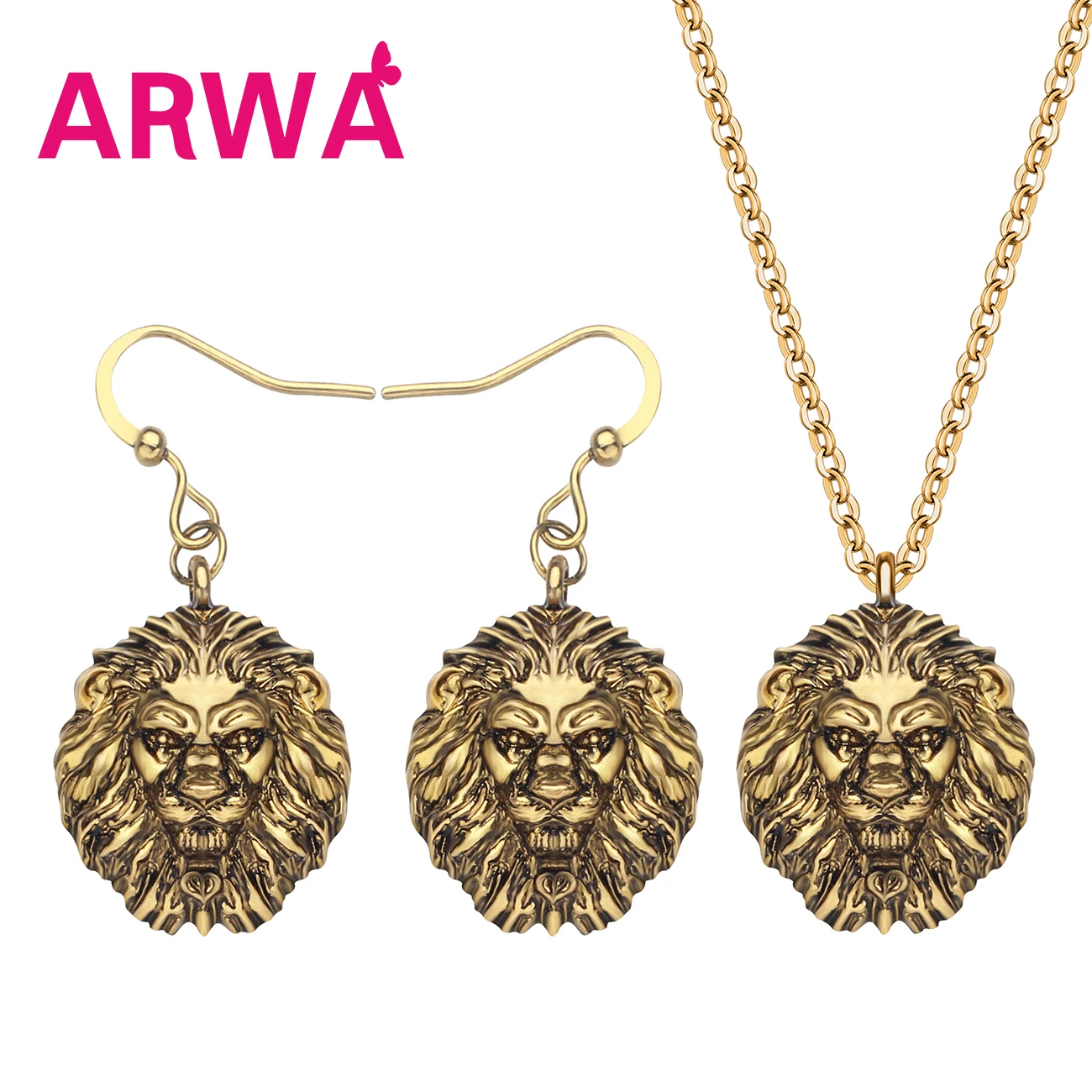 

ARWA Alloy Plated Antique Gold Anime Lion Head Jewelry Sets Earrings Necklace Mental Animal Jewelry Lady Girl Party Gift 2019New