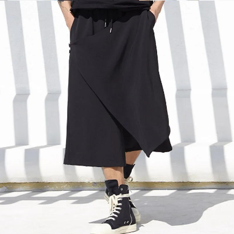 

Men's Wide Leg Pants Summer New Gothic Style Personality False Two Pieces Of Splicing Leisure Loose Large Size Seven Pants