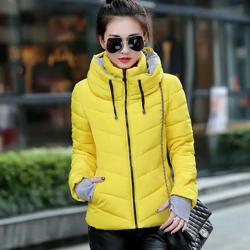 yellow Женские зимние парки, короткое хлопковое пальто, Женское пальто с подкладкой, осеннее пальто Casaco Feminino Inverno, однотонная парка со стоячим воротником - Цвет: yellow