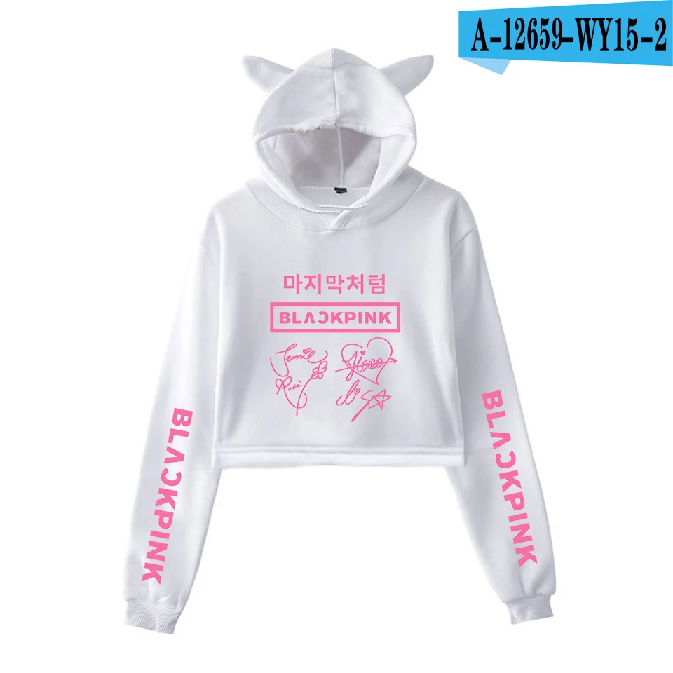 Blackpink kpop толстовка хлопковые толстовки с капюшоном для девочек, детские Для женщин печати Модный пуловер Шорты, рубашка, с украшением в виде кошачьих ушек Толстовка - Цвет: white