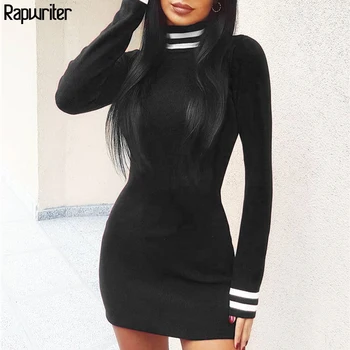 

Rapwriter Sexy Skinny Panelled Turtleneck Striped Dress Women 2020 Autumn Winter Long Sleeve Bodycon Sheer Mini Dress Vestidos