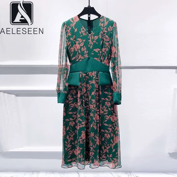 

AELESEEN Runway Fashion Spring Women Dress 2020 High Quality Long Sleeve V-Neck Flower Print Pocket Elegant Party Holiday Dress