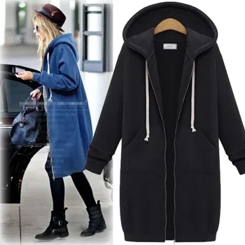 

2019 Autumn Winter Casual Women Long Hoodies Sweatshirt Coat Zip Up Outerwear Hooded Jacket Plus Size Cotton Outwear Tops