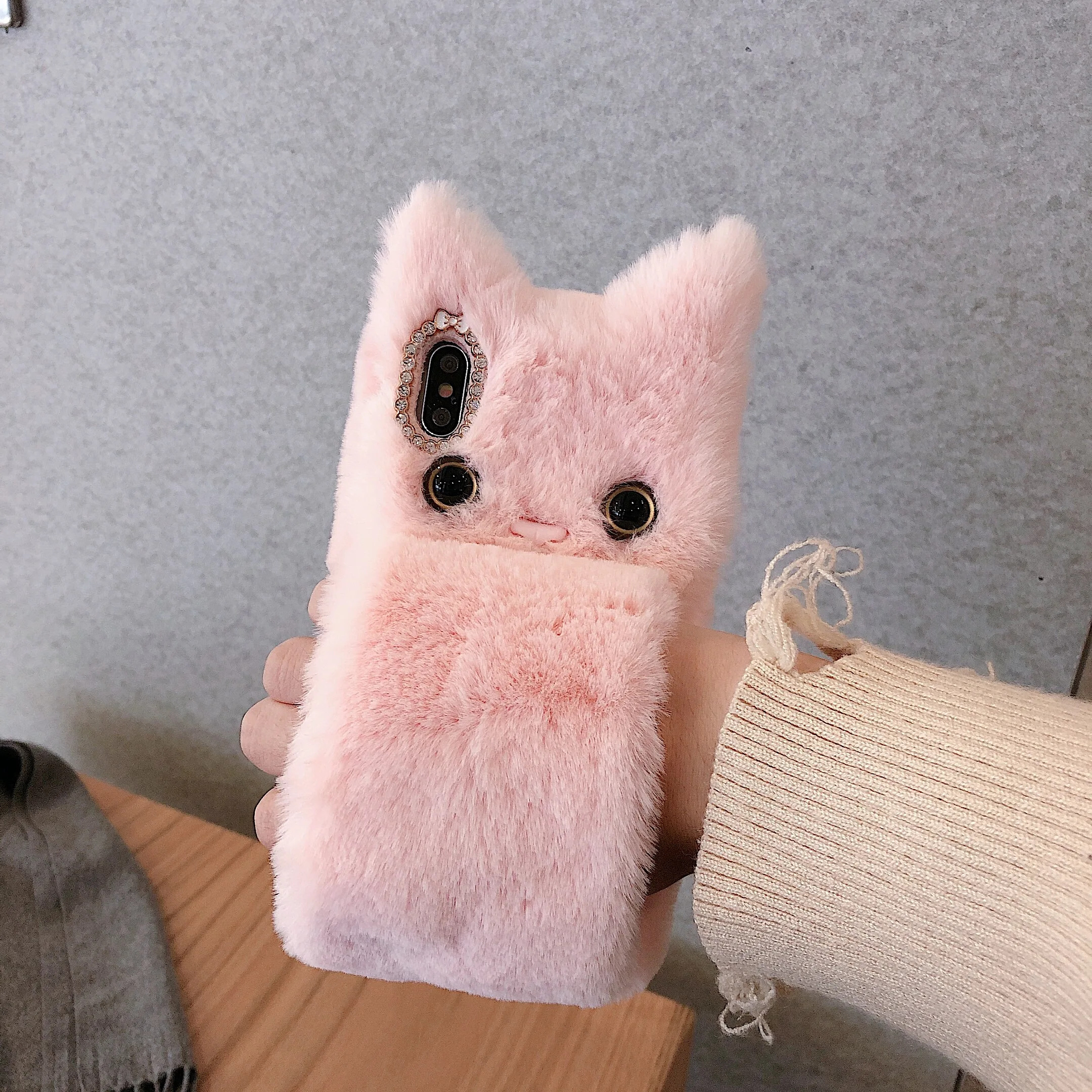 

For iPhone XS 11 Pro Max XR X 6 6S Plus Rabbit Ears Fur Plush warm diamond Phone Case For iPhone 7 8 plus Furry Wristband Cover