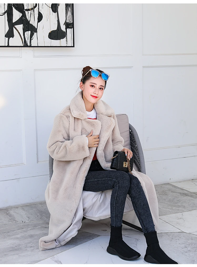 Luzuzi/Элегантное зимнее женское пальто из искусственного меха кролика, роскошное длинное меховое пальто высокого качества, пальто с лацканами, плотное теплое плюшевое пальто - Цвет: apricot fur coat