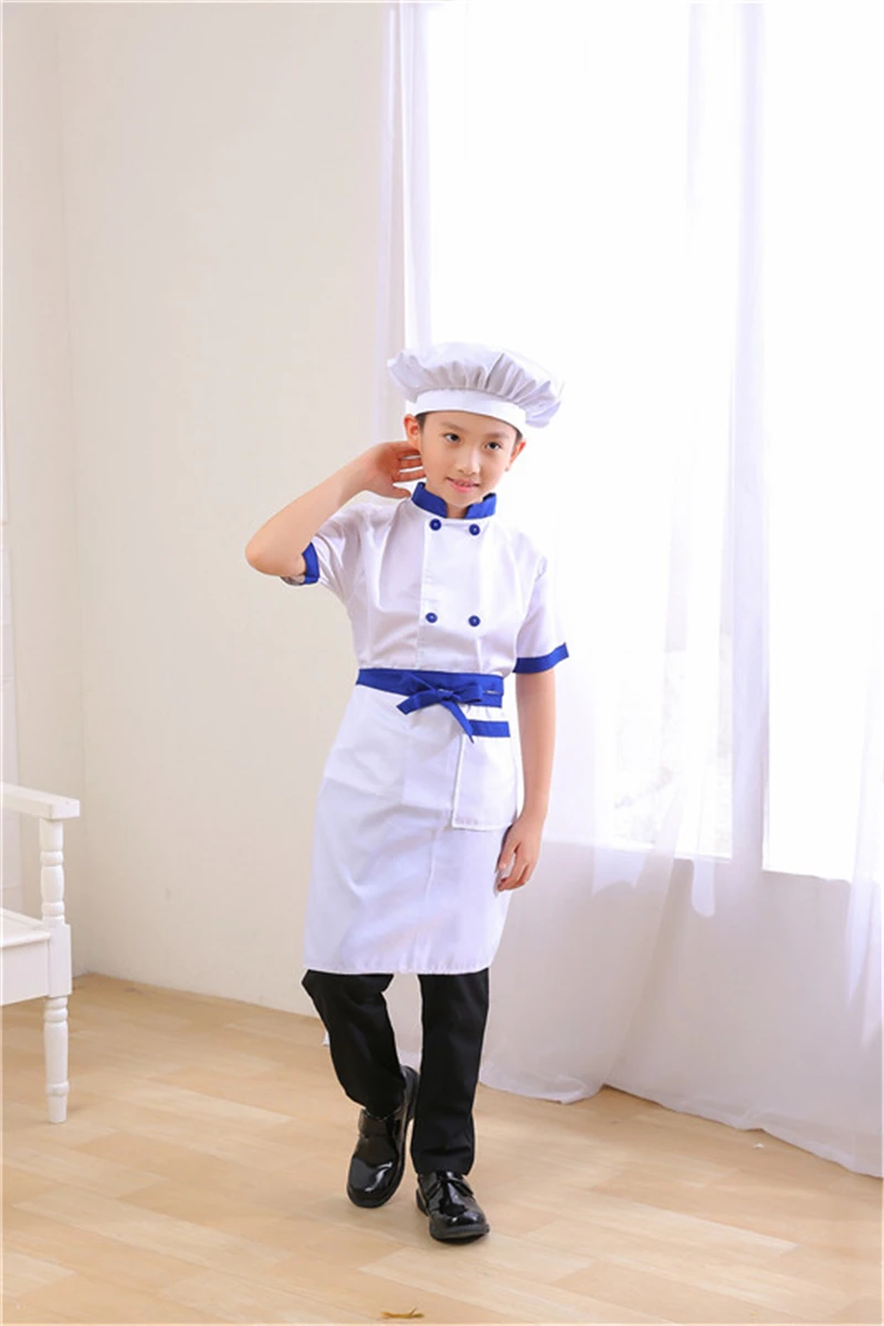 Blue Short Set Новая детская форма шеф-повара для мальчиков, косплей, кустом, кухонная куртка, фартук, шляпа, набор, Униформа, От 3 до 14 лет, одежда для девочек повара - Цвет: Blue Short Set
