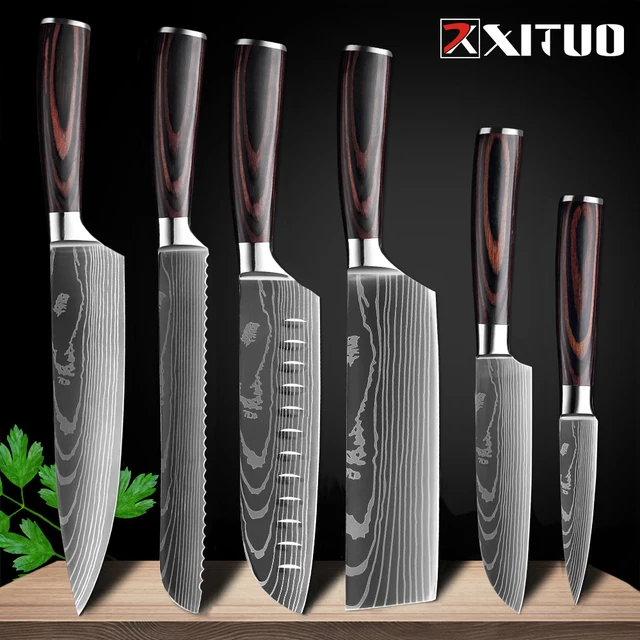 XITUO Chef knife 1-10 Pcs Set Kitchen Knives Laser Damascus Pattern Sharp Japanese Santoku Knife Cleaver Slicing Utility Knife 6 PCS Value set