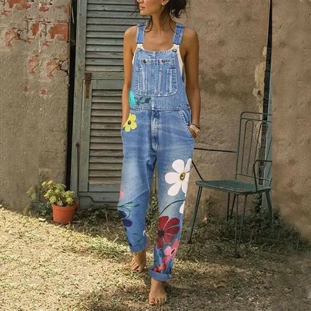 2021 Women Boho Floral Denim Dungarees 