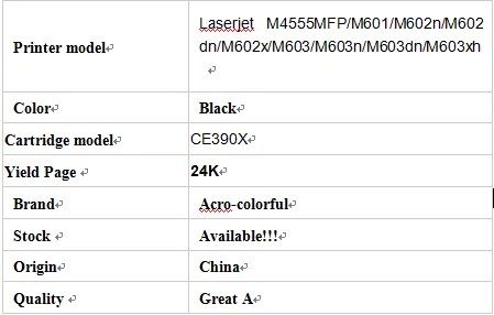 24K CE390X обломок тонера для hp Laserjet M4555MFP M601 M602n M602dn M602x M603 M603n M603dn M603xh принтер Заправка картриджей