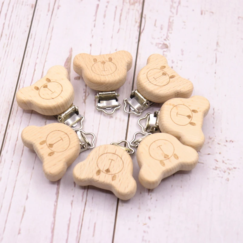 Chupete de madera Natural con forma de Animal para bebé, Clips de Metal, accesorios para bebé, soporte de grado alimenticio, mordedor de madera para bebé, 5 uds.