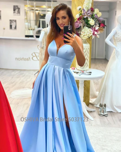 Popular Blue Prom Dresses 2022 Sexy V-neck Straps Long Slit Floor Length  Satin Evening Prom Gowns Backless - AliExpress