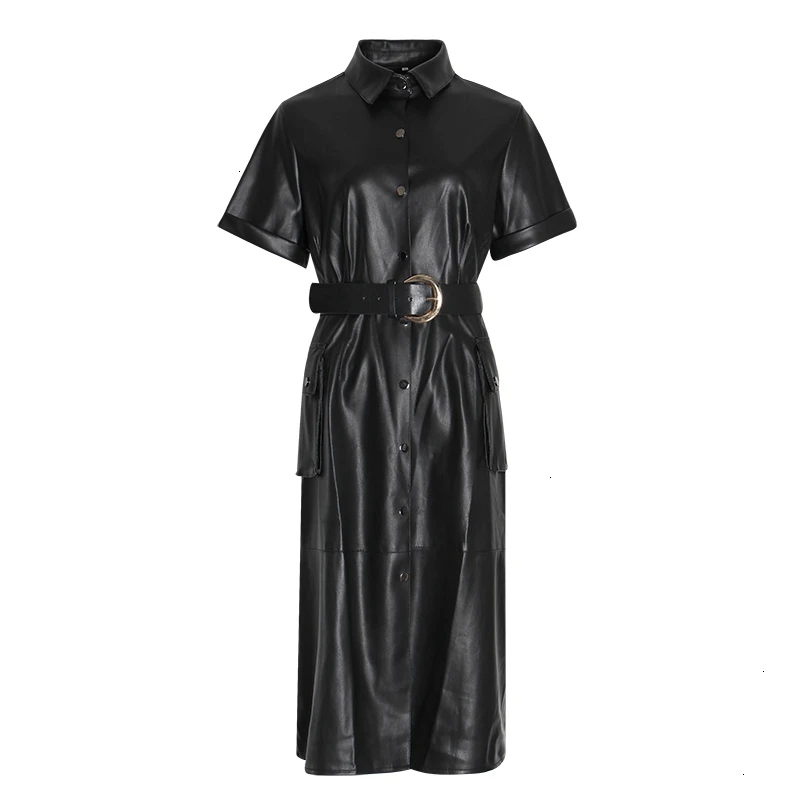 CHICEVER PU Leather Dress For Women Lapel Collar Short Sleeve High Waist Sashes Female Dresses Autumn Fashion New Clothes - Color: Black