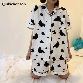 

Kawaii Cow Print Pajamas Shorts Set Summer Korean Style Notched Collar Women Pijama Teen Girls Sleepwear pyjama femme ete
