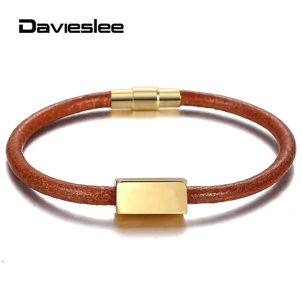Персонализированный Гравированный браслет из натуральной кожи для мужчин и женщин, золотистый куб, магнитная застежка из нержавеющей стали, модное ювелирное изделие DPZ007