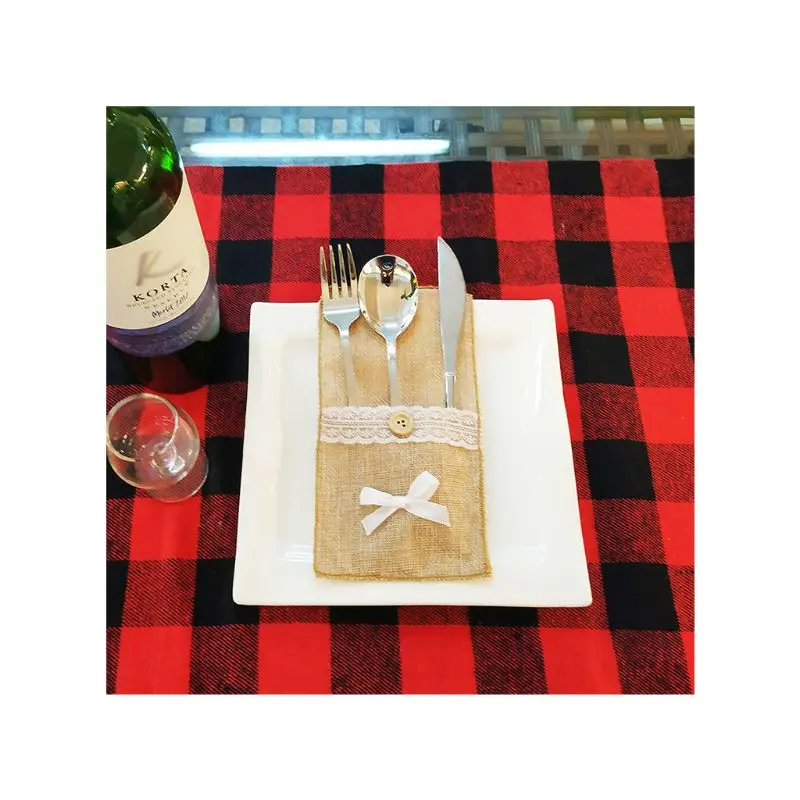 

5pcs/set Christmas Fork Knife Bag Cutlery Pocket Cotton Lace Bow Snowflake Xmas Decoration Party Wedding