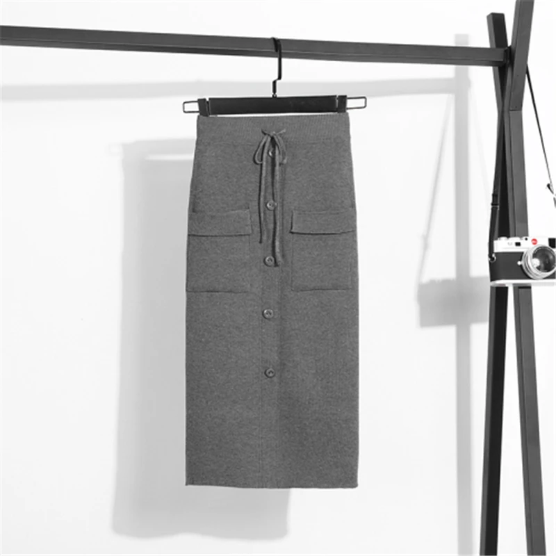 Women Winter Knitting Skirt Solid Sashes High Waist Straight Pockets Kawaii Skirts Mid-Calf Empire Button Casual Korean Skirt