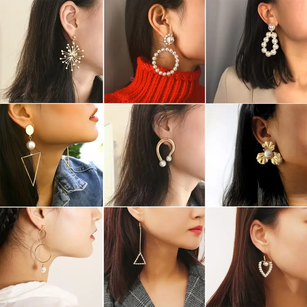 

Fashion jewelry personality simple creative korean earrings multi-element pearl geometry wild hoop earrings female