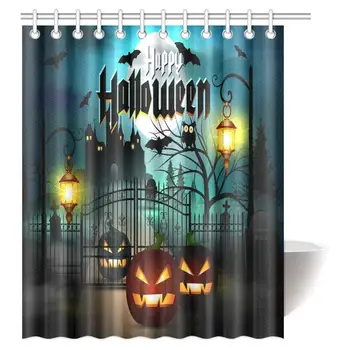

Vintage Halloween Shower Curtain, Halloween Themed Asymmetric Caste with Scary Bats and Ghosts Full Moon Fabric Bathroom Decor