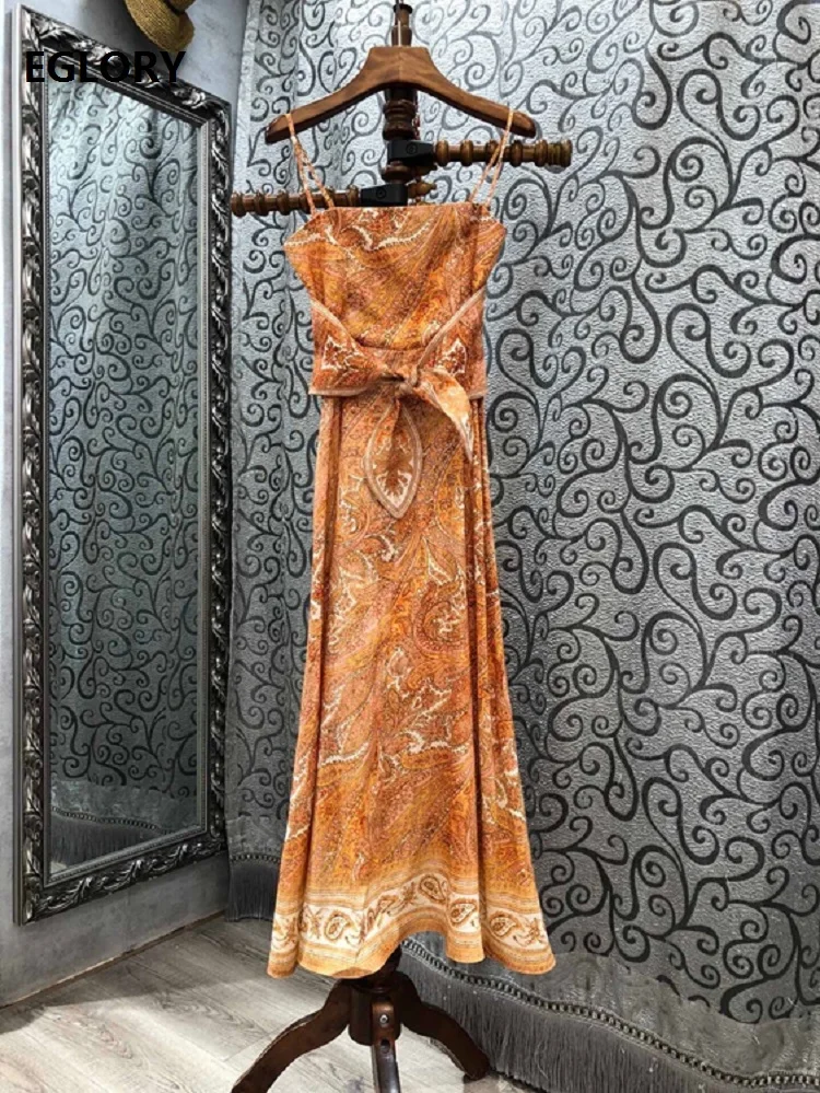 

100%Linen Long Dress 2020 Autumn Winter Fashion Party Evening Women Spaghetti Strap Vintage National Style Print Yellow Dress