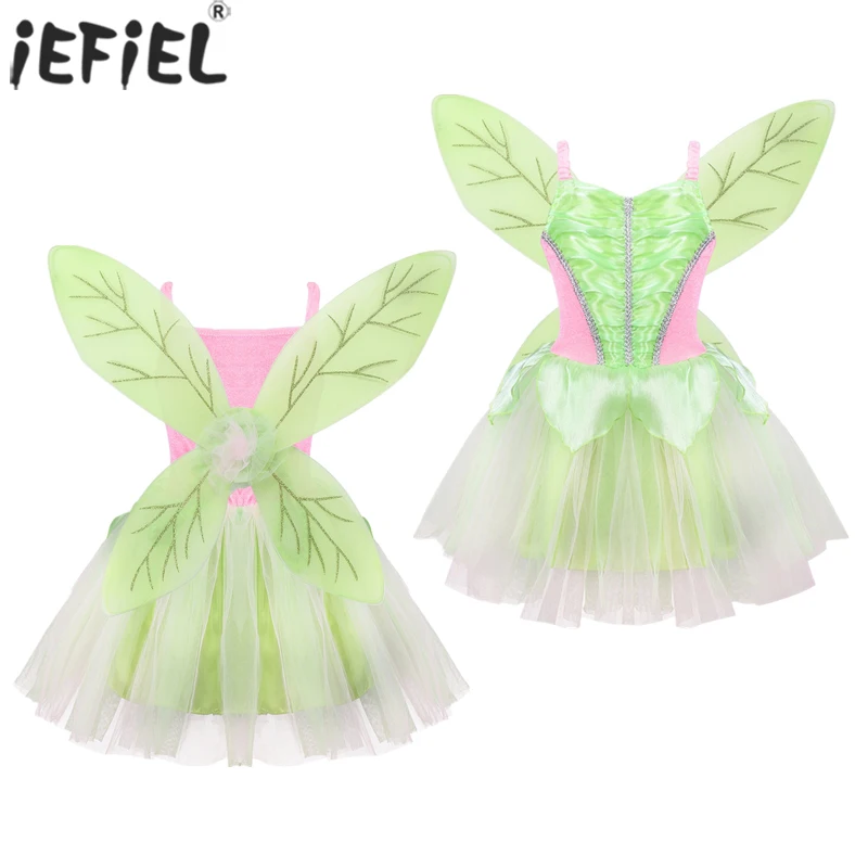 

Kids Girls Princess Fairy Costume Children Party Mesh Tutu Dress Pixie Cosplay Costume With Glittery Wings Halloween Cosplay Set
