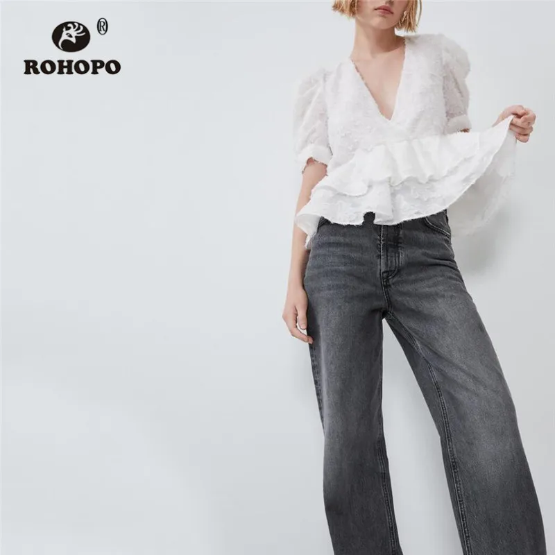

ROHOPO Short Sleeve V Collar Embroidery Floral Ruffled White Blouse Autumn Female Pullover Chiffon Chic Tunic Tops Blusa #9401