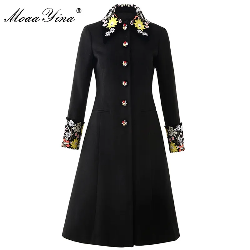MoaaYina Высокое качество модные дизайнерские шерстяное пальто Зимняя Для женщин с длинным рукавом с вышивкой элегантные черные сапоги, сохраняющие тепло, верхняя одежда