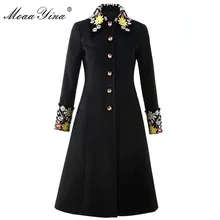MoaaYina Высокое качество модные дизайнерские шерстяное пальто Зимняя Для женщин с длинным рукавом с вышивкой элегантные черные сапоги, сохраняющие тепло, верхняя одежда