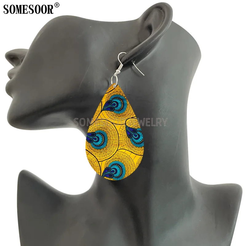 Somesoor Jewelry Women Dangle Earrings Wood Both Sides Printing Afro Ethnic Fabric Pattern Tear Drop Shape Pendant Accessories