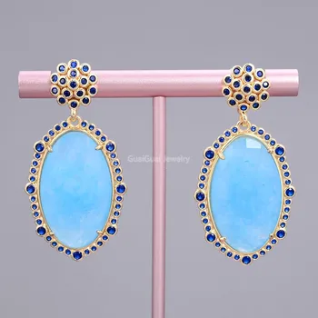 

GuaiGuai Jewelry 22x33mm Faceted Oval Light Blue Jade Cz Pave stud Earrings