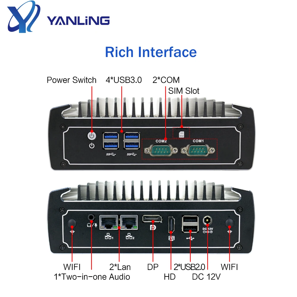 Yanling Industrial Fanless Mini PC 12V Core i5 8260U 2 1000M LAN Micro PC Desktop DDR4 M.2 Micro Box PC with 2 RS232 COM
