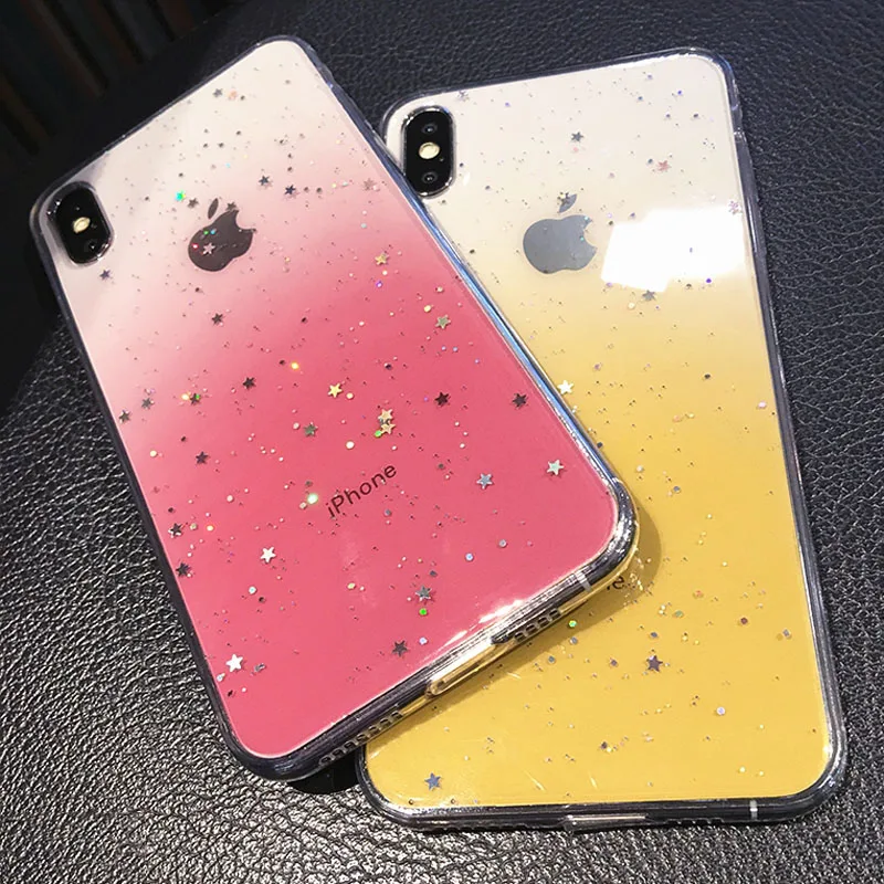 USLION Bling Powder Silicone Phone Case For iPhone 11 Pro X XR XS Max Glitter Stars Transparent Cover For iPhone 7 8 6 6s Plus
