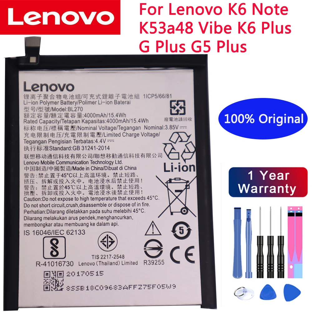 

2020 years 100% Original 4000mAh BL270 Battery For Lenovo K6 Note K53a48 Vibe K6 Plus G Plus G5 Plus battery+Gift Tools