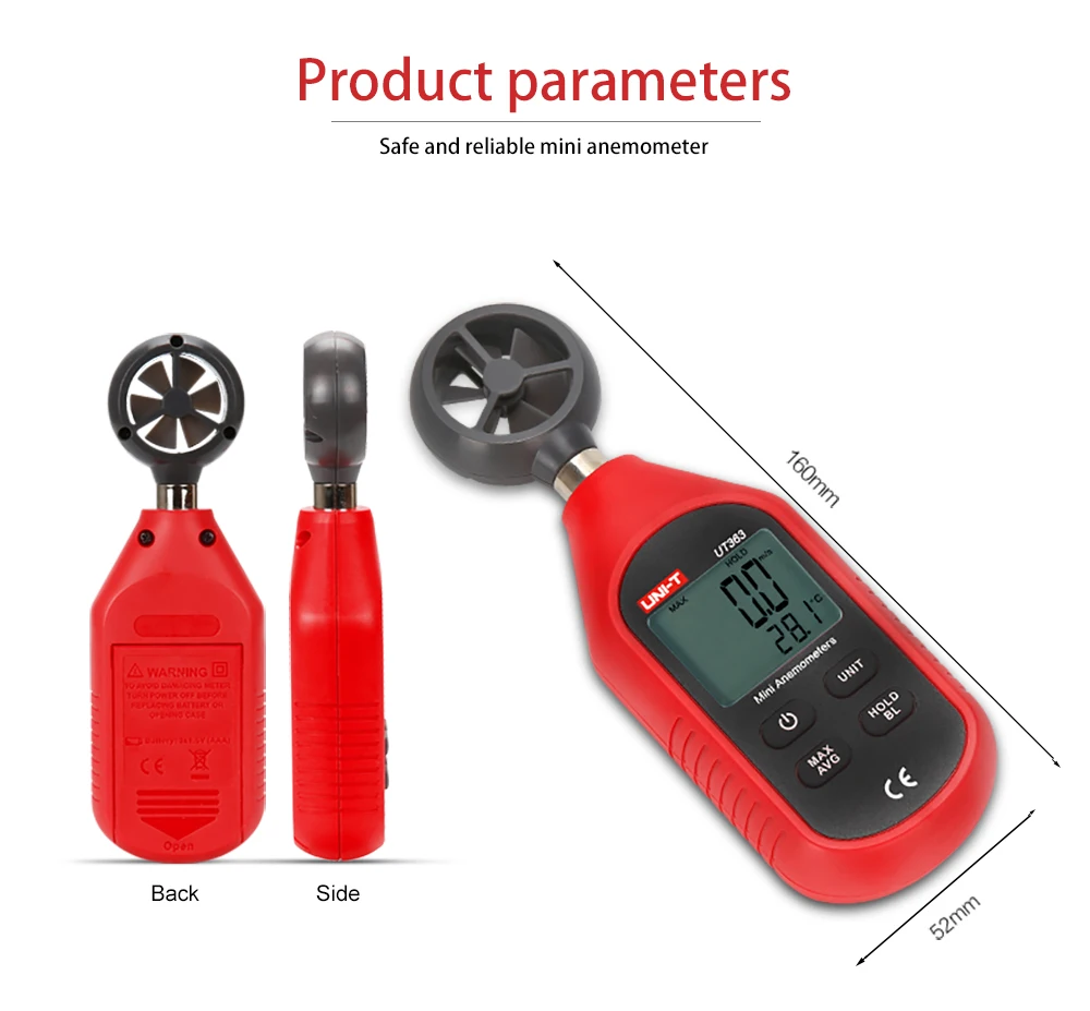 Блок UT363 мини Анемометр маленький размер °C/°F два единицы температуры ветра ветрометр ЖК-дисплей максимальное среднее Удержание данных