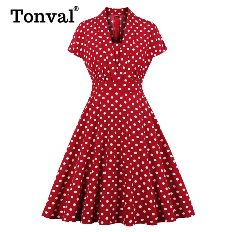 Женское винтажное платье в горошек Tonval красное ТРАПЕЦИЕВИДНОЕ ПЛАТЬЕ с