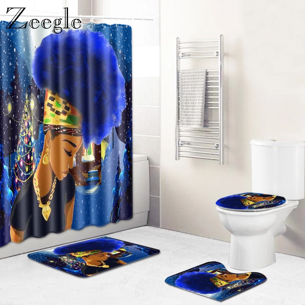 Zeegle 4pcs Bathroom Rug Set Cartoon Bath Mat Non Slip Bath Mat Set Washable Toilet Shower Curtain Set Waterproof Shower Curtain