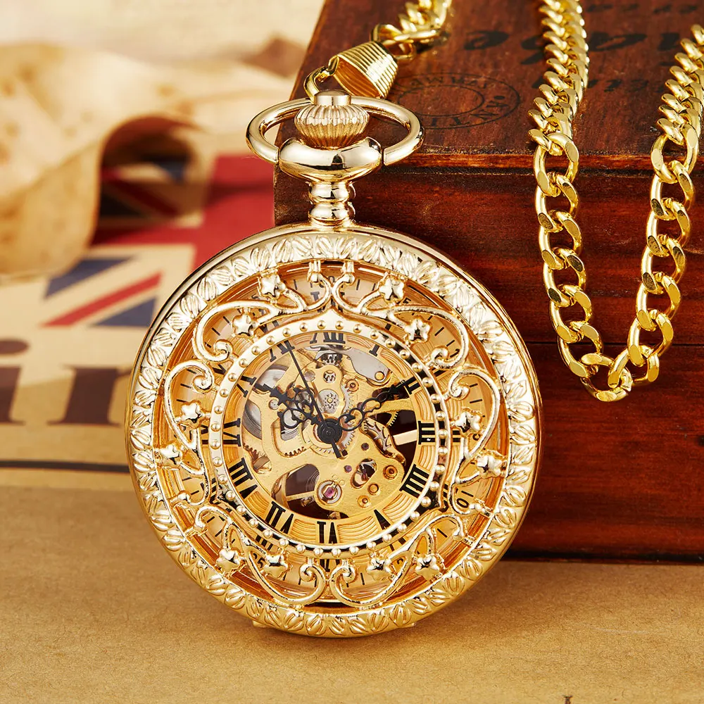 Bronze Necklace Watch Vintage Steampunk Mechanical Pocket Watch With Chain Hollow Hand-winding Pendant Clock Men Women Gold Gift
