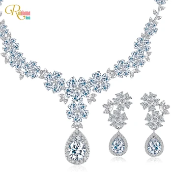 

Rainbamabom 100% 925 Solid Sterling Silver Water Drop Created Moissanite Gemstone Earrings/Necklace Wedding Jewelry Set 2Pcs