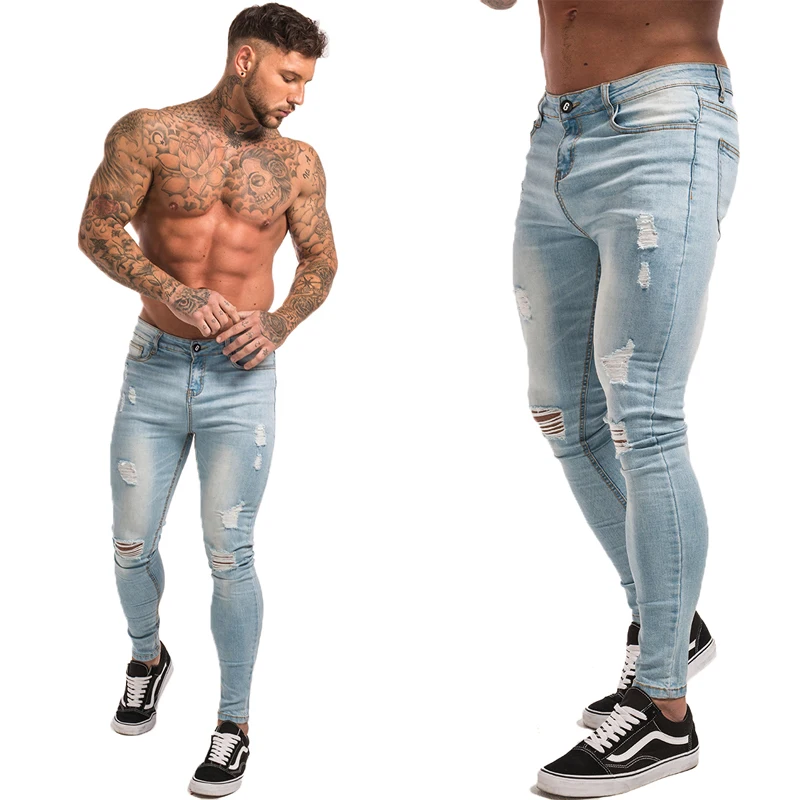 Skinny Jeans Distressed Ripped Gingtto Slim-Fit Stretch Elastic-Waist Blue Men Tall And