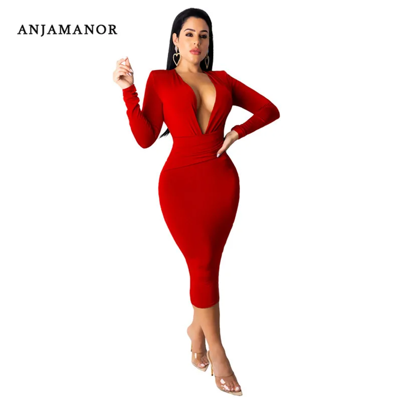 

ANJAMANOR Deep V Neck Long Sleeve Midi Dress Women Fall 2019 Solid Color Nightclub Party Sexy Bodycon Dresses Plus Size D59-AC41