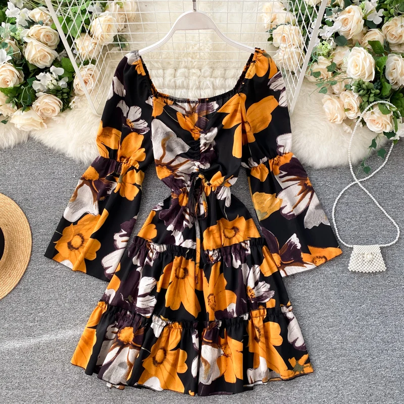 

2020 Floral Printed Drawstring Pleated Elegant Woman Dress Long Sleeve V-neck Slim Waist Autumn Holiday A-Line Casual Vestidos